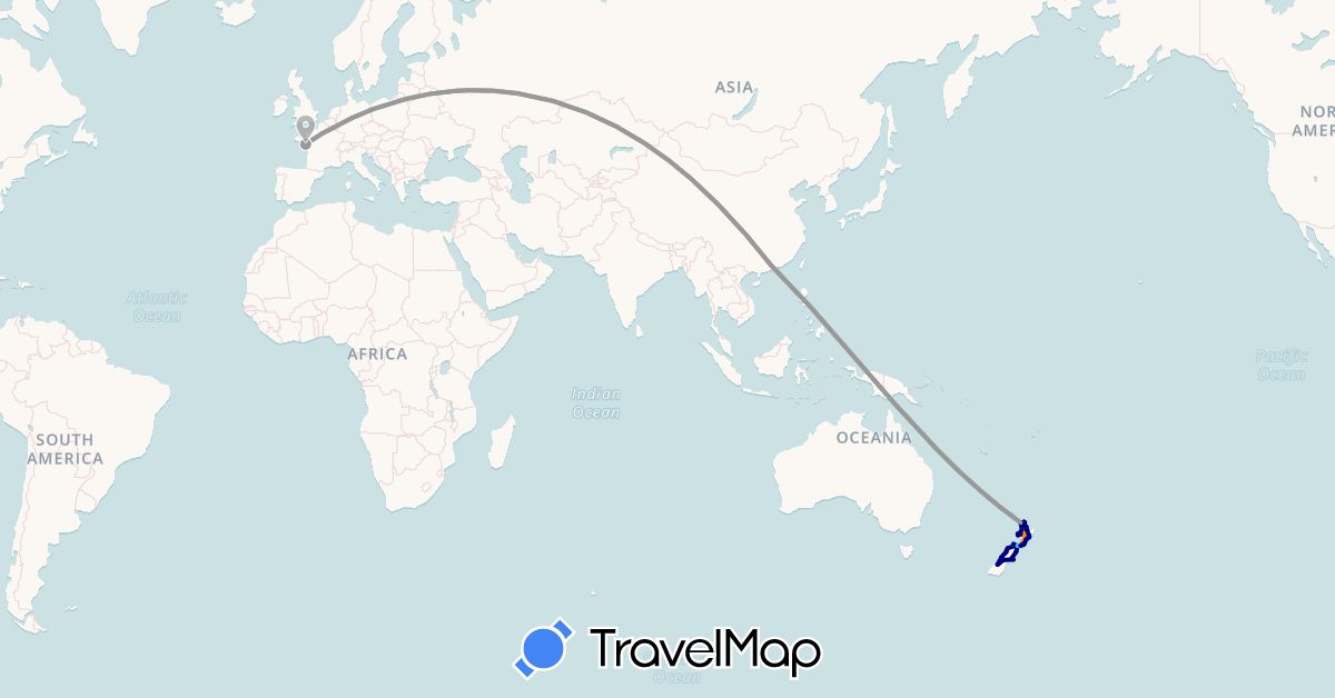 TravelMap itinerary: driving, plane, train, hiking, boat, hitchhiking in China, France, New Zealand (Asia, Europe, Oceania)